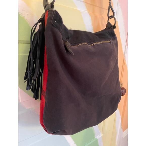 Denim & Supply Ralph Lauren Fringe Crossbody Bag Buffalo Plaid Wool & Leather - Picture 3 of 9